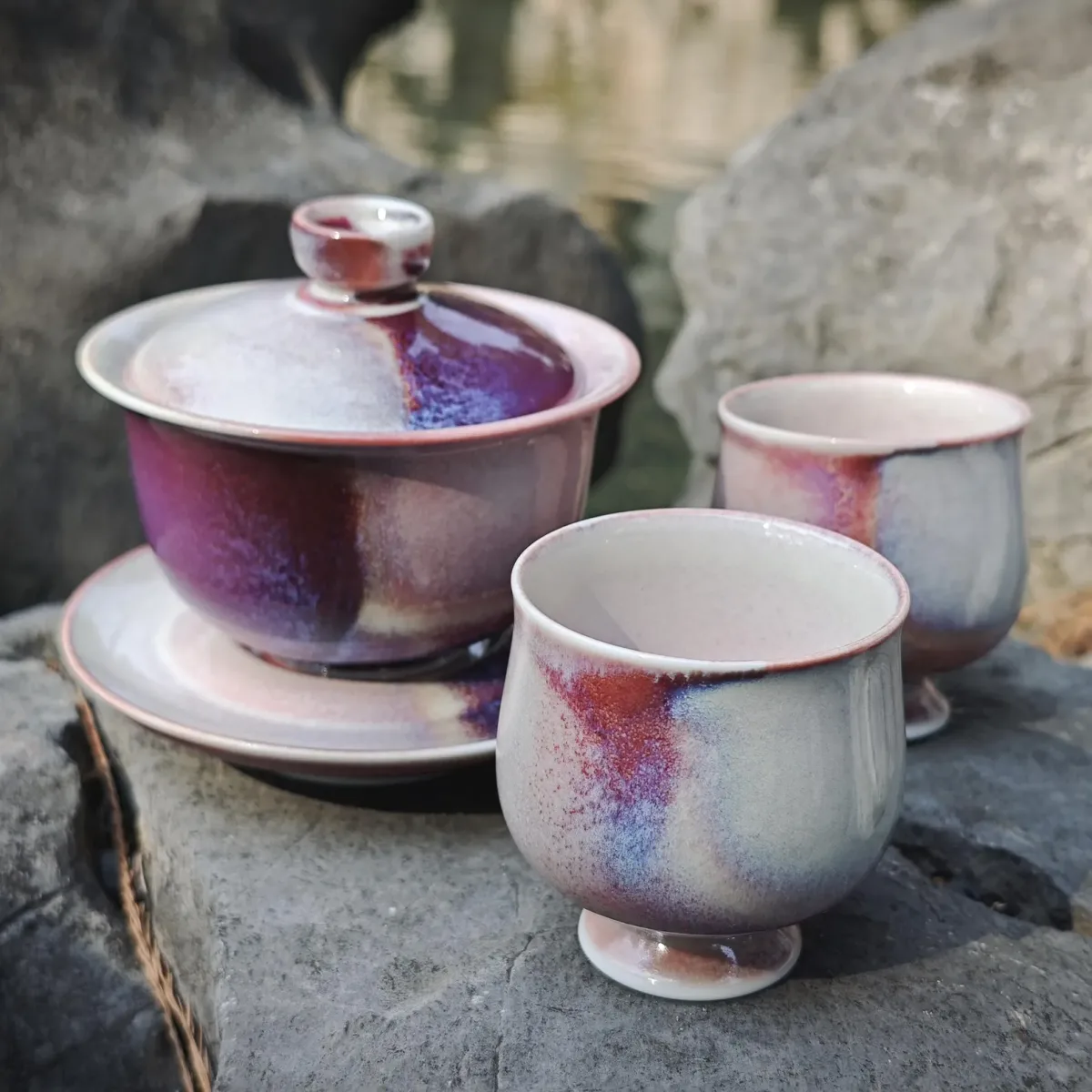 Gaiwan Galaxy violet — porcelaine de Jingdezhen faite main
